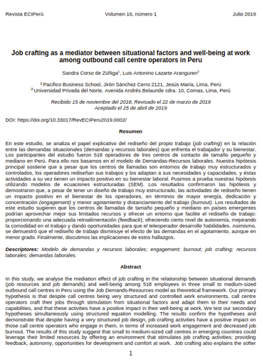 Job crafting as a mediator between situational factors and well-being at work among outbound call centre operators in Peru