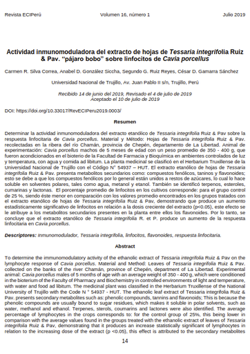 Actividad inmunomoduladora del extracto de hojas de Tessaria integrifolia Ruiz &amp; Pav. &quot;pájaro bobo&quot; sobre linfocitos de Cavia