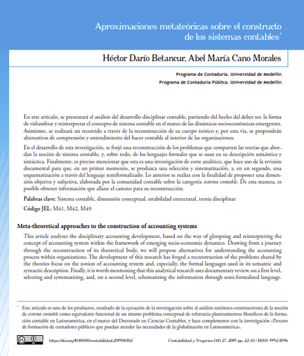 Aproximaciones metateóricas sobre el constructo de los sistemas contables