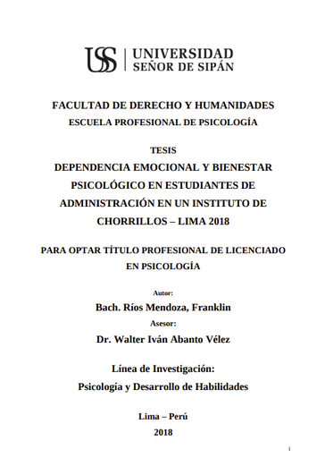 Dependencia emocional y bienestar psicológico en estudiantes de administración en un instituto de Chorrillos - Lima 2018