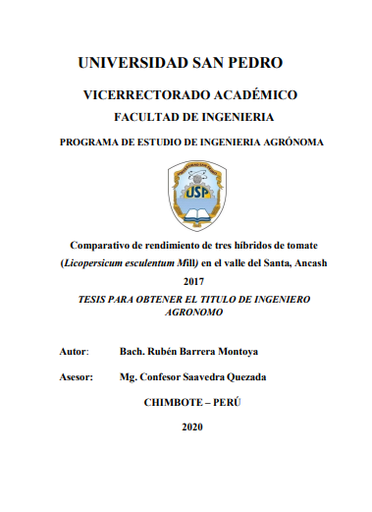 Comparativo de rendimiento de tres hibridos de tomate (Licopersicum esculentum Mill) en el valle del Santa, Ancash 2017