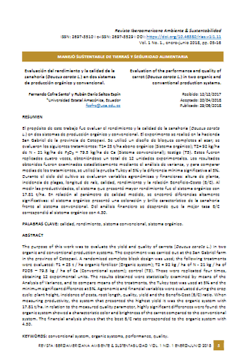 Evaluación del rendimiento y la calidad de la zanahoria (Daucus carota l.) en dos sistemas de producción orgánico y convencional