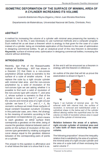 ISOMETRIC DEFORMATION OF THE SURFACE OF MINIMAL AREA OF A CYLINDER INCREASING ITS VOLUME