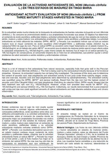 EVALUACIÓN DE LA ACTIVIDAD ANTIOXIDANTE DEL NONI (Morinda citrifolia L.) EN TRES ESTADOS DE MADUREZ EN TINGO MARIA