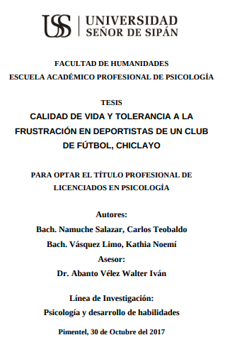 Calidad de vida y tolerancia a la frustración en deportistas de un club de fútbol, Chiclayo