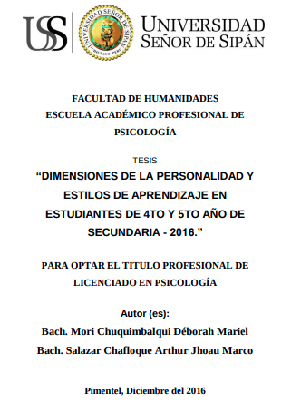 Dimensiones de la personalidad y estilos de aprendizaje en estudiantes de 4to Y 5to Año de Secundaria - 2016