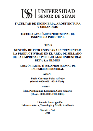 Gestión de procesos para incrementar la productividad en el área de sellado de la empresa Complejo Agroindustrial Beta