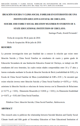 IDEACIÓN SUICIDA Y CLIMA SOCIAL FAMILIAR EN ESTUDIANTES DE UNA INSTITUCIÓN EDUCATIVA ESTATAL DE CHICLAYO.