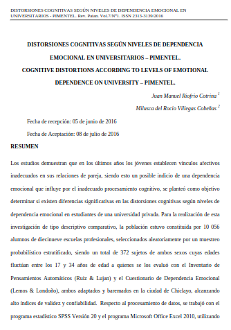 DISTORSIONES COGNITIVAS SEGÚN NIVELES DE DEPENDENCIA EMOCIONAL EN UNIVERSITARIOS - PIMENTEL.