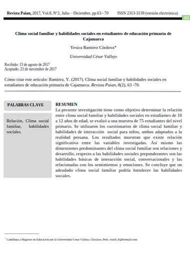 Clima social familiar y habilidades sociales en estudiantes de educación primaria de Cajamarca