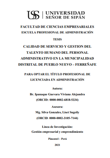 Calidad de servicio y gestión del talento humano del personal administrativo en la Municipalidad Distrital de Pueblo Nuevo