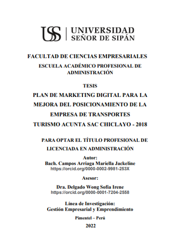 Plan de marketing digital para la mejora del posicionamiento de la empresa de transportes turismo Acunta SAC Chiclayo