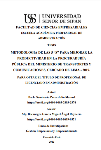 Metodología de las 5 &quot;s&quot; para mejorar la productividad en la procuraduría pública del Ministerio de Transportes