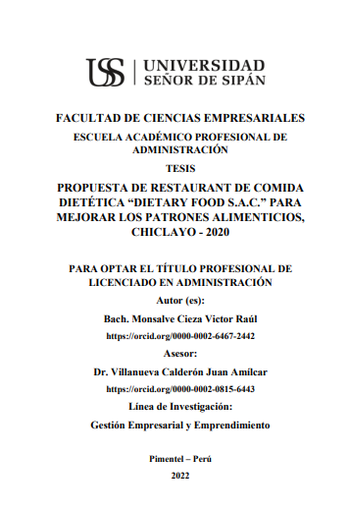 Propuesta de restaurant de comida dietética &quot;Dietary Food S.A.C.&quot; para mejorar los patrones alimenticios