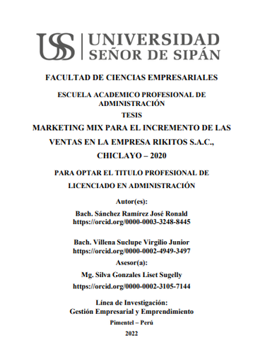 Marketing mix para el incremento de las ventas en la empresa Rikitos S.A.C.