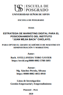 Estrategia de marketing digital para el posicionamiento del instituto &quot;Juan Mejia Baca&quot; Chiclayo