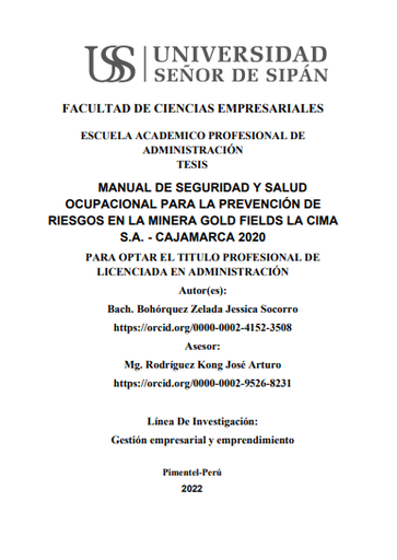 Manual de seguridad y salud ocupacional para la prevención de riesgos en la minera Gold Fields la Cima S.A. - Cajamarca 2020