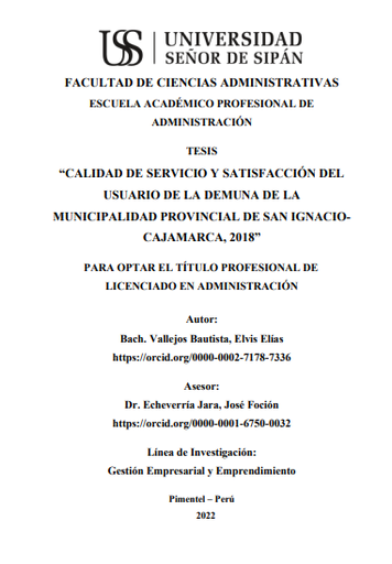 Calidad de servicio y satisfacción del usuario de la DEMUNA de la Municipalidad Provincial de San Ignacio Cajamarca, 2018