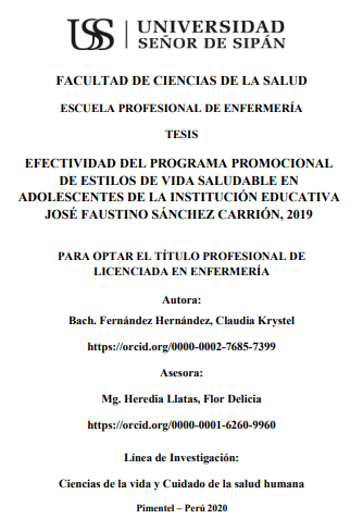 Efectividad del programa promocional de estilos de vida saludable en adolescentes de la Institución Educativa José Faustino Sánchez Carrión