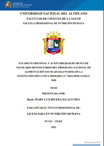 Estado nutricional y aceptabilidad de menús de escolares beneficiarios del Programa Nacional de Alimentación Escolar Qali Warma de la Institución Educativa Primaria N° 72024 MNB, Samán, 2020