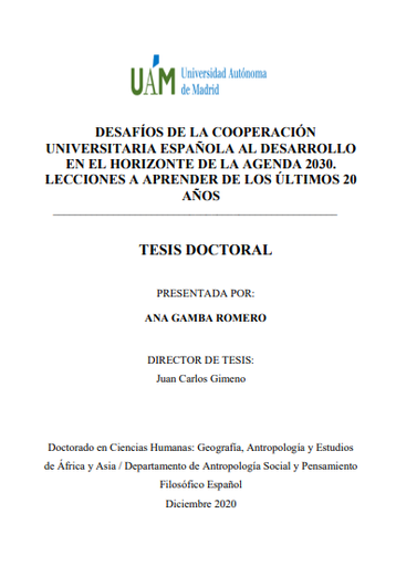 Desafíos de la Cooperación Universitaria Española al Desarrollo en el horizonte de la Agenda 2030. Lecciones a aprender de los últimos 20 años