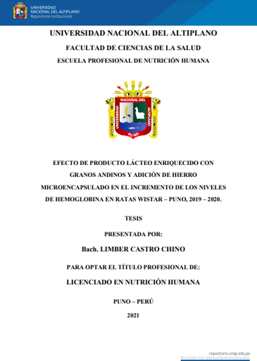 Efecto de producto lácteo enriquecido con granos andinos y adición de hierro microencapsulado en el incremento de los niveles de hemoglobina en ratas Wistar - Puno, 2019 - 2020