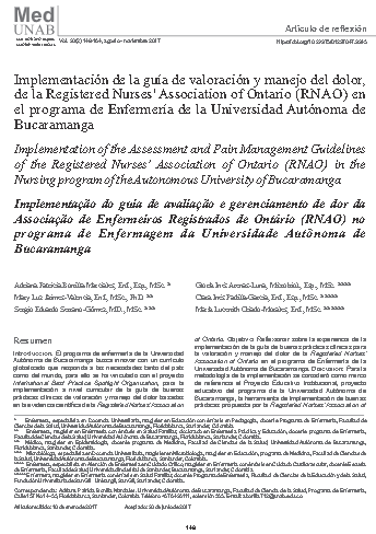 Implementación de la guía de valoración y manejo del dolor, de la Registered Nurses' Association of Ontario (RNAO) en el programa de Enfermería de la Universidad Autónoma de Bucaramanga