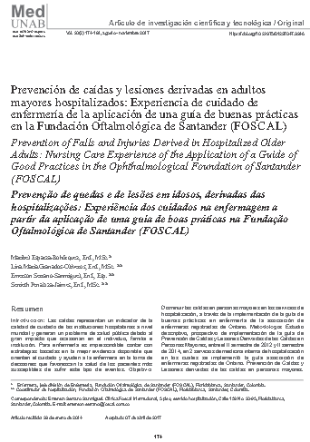 Prevención de caídas y lesiones derivadas en adultos mayores hospitalizados: Experiencia de cuidado de enfermería de la aplicación de una guía de buenas prácticas en la Fundación Oftalmológica de Santander (FOSCAL)