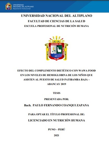 Efecto del complemento dietético con Wawa Food en los niveles de hemoglobina de los niños que asisten al puesto de salud Patibamba Baja - Abancay 2019