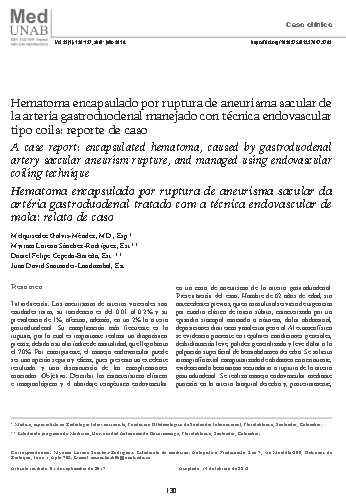 Hematoma encapsulado por ruptura de aneurisma sacular de la arteria gastroduodenal manejado con técnica endovascular tipo coils: reporte de caso