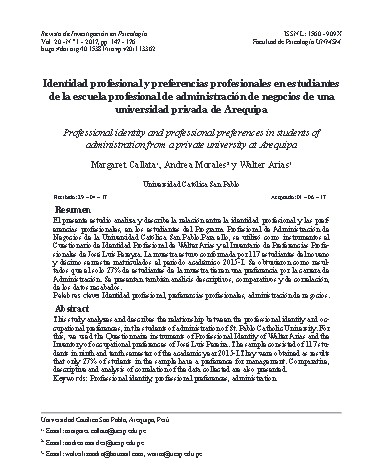 Identidad profesional y preferencias profesionales en estudiantes de la escuela profesional de administración de negocios de una universidad privada de Arequipa