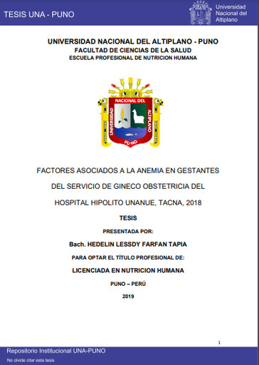 Factores asociados a la anemia en gestantes del servicio de gineco obstetricia del Hospital Hipolito Unanue, Tacna, 2018