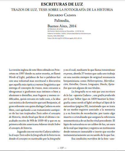 Escrituras de luz: trazos de luz: tesis sobre la fotografía de la historia: Eduardo Cadava