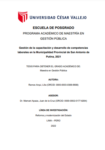 Gestión de la capacitación y desarrollo de competencias laborales en la Municipalidad Provincial de San Antonio de Putina, 2021