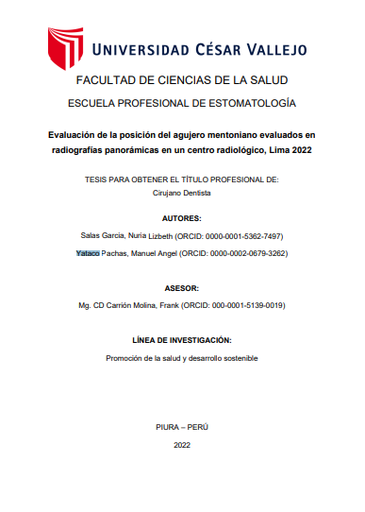 Evaluación de la posición del agujero mentoniano evaluados en radiografías panorámicas en un centro radiológico, Lima 2022