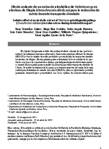 Efecto sedante de un extracto alcohólico de Valeriana sp en alevinos de tilapia (Oreochromis niloticus) para la reducción de estrés durante transporte simulado