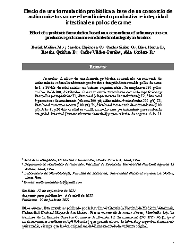 Efecto de una formulación probiótica a base de un consorcio de actinomicetos sobre el rendimiento productivo e integridad intestinal en pollos de carne