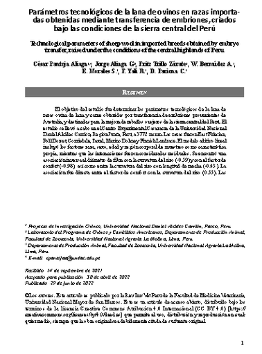 Parámetros tecnológicos de la lana de ovinos en razas importadas obtenidas mediante transferencia de embriones, criados bajo las condiciones de la sierra central del Perú