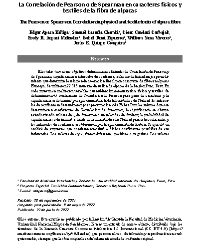 La Correlación de Pearson o de Spearman en caracteres físicos y textiles de la fibra de alpacas