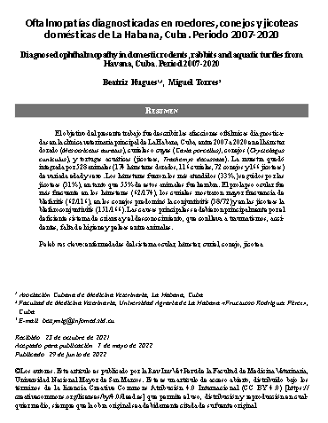 Oftalmopatías diagnosticadas en roedores, conejos y jicoteas domésticas de La Habana, Cuba. Periodo 2007-2020