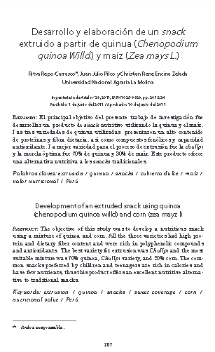 Desarrollo y elaboración de un snack extruido a partir de quinua (Chenopodium quinoa Willd.) y maíz (Zea mays L.)