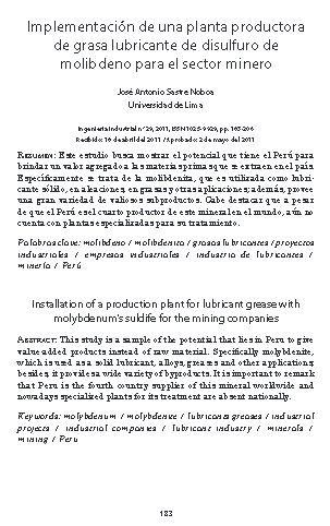 Implementación de una planta productora de grasa lubricante de disulfuro de molibdeno para el sector minero