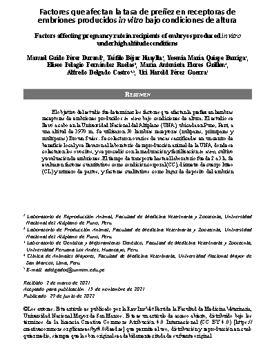 Factores que afectan la tasa de preñez en receptoras de embriones producidos in vitro bajo condiciones de altura