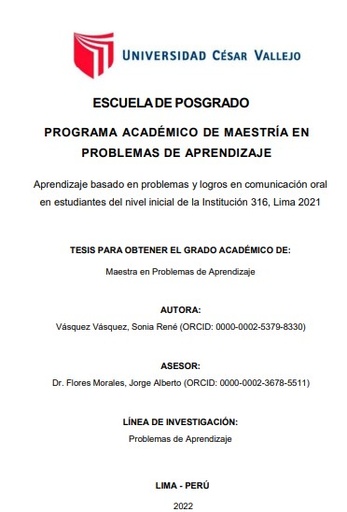 Aprendizaje basado en problemas y logros en comunicación oral en estudiantes del nivel inicial de la Institución 316, Lima 2021