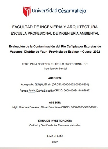 Evaluación de la contaminación del río Cañipía por excretas de vacunos, distrito de Yauri, provincia de Espinar – Cusco, 2022