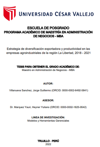 Estrategia de diversificación exportadora y productividad en las empresas agroindustriales de la región La Libertad, 2018 - 2021