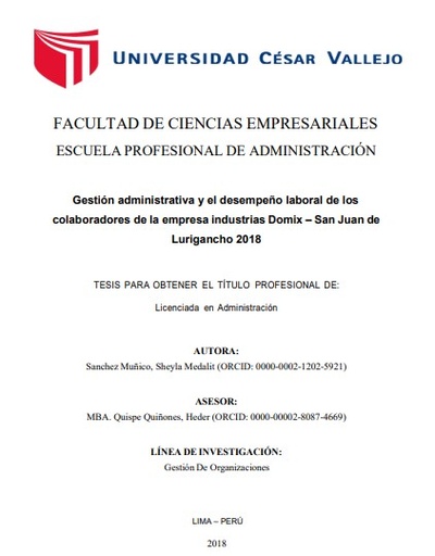 Gestión administrativa y el desempeño laboral de los colaboradores de la Empresa Industrias Domix – San Juan de Lurigancho 2018