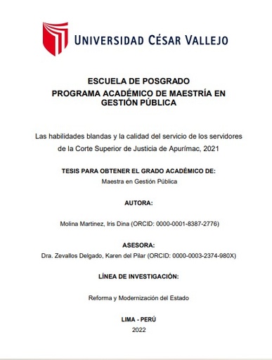 Las habilidades blandas y la calidad del servicio de los servidores de la Corte Superior de Justicia de Apurímac, 2021