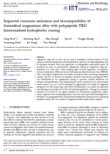 Improved corrosion resistance and biocompatibility of biomedical magnesium alloy with polypeptide TK14 functionalised hydrophobic coating