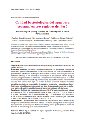 Calidad bacteriológica del agua para consumo en tres regiones del Perú